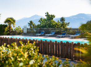 Outdoor pool nature in the greenery deckchairs camping Völlan